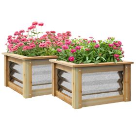 Outsunny Raised Garden Bed Set of 2, Outdoor Planter Box, Galvanized Metal Reinforced with Wood, Stock Tanks for Growing Flowers, Herbs and Veget (Color: as Pic)