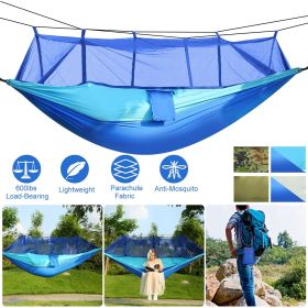 600lbs Load 2 Persons Hammock w/Mosquito Net Outdoor Hiking Camping Hommock Portable Nylon Swing Hanging Bed w/ Strap Hook Carry Bag (Color: Blue)